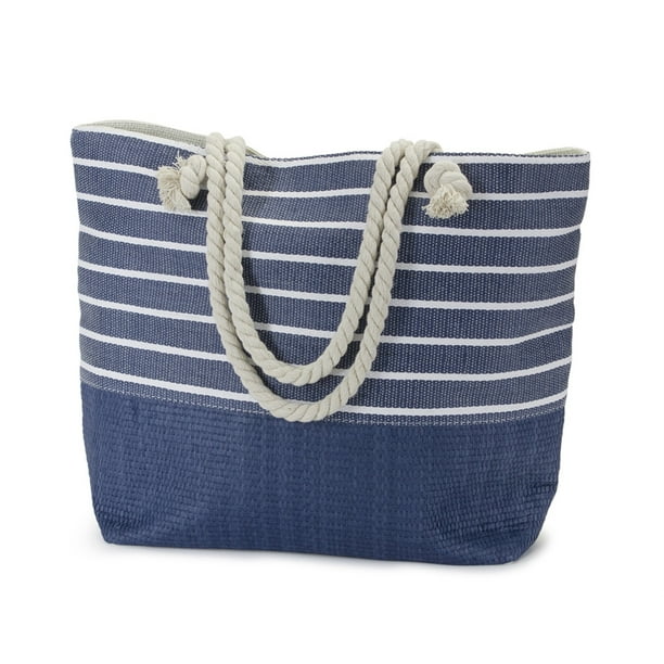 blue and white striped tote bag