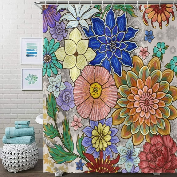 Boho Floral Shower Curtain Colorful Mandala Flower Blossom Bath Curtain with Hooks Modern Farmhouse Country Shower Curtain for Bathroom Waterproof Fabric Home Decor 72Wx72L