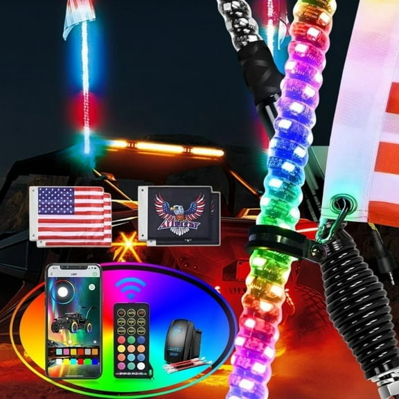 Nilight 2Pcs 3FT RGB Led Whip Light with Spring Base Remote & App Control w/DIY Chasing Patterns Turn Signal & Brake Lights for ATV UTV Polaris RZR Can-am Dune Buggy Jeep