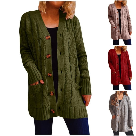 Feancey Women's Open Front Cardigan Sweaters Fashion Button Down Cable Knit Chunky Sweater Comfy Casual Winter Cardigans with Pockets Limited Time Deal Army Green L