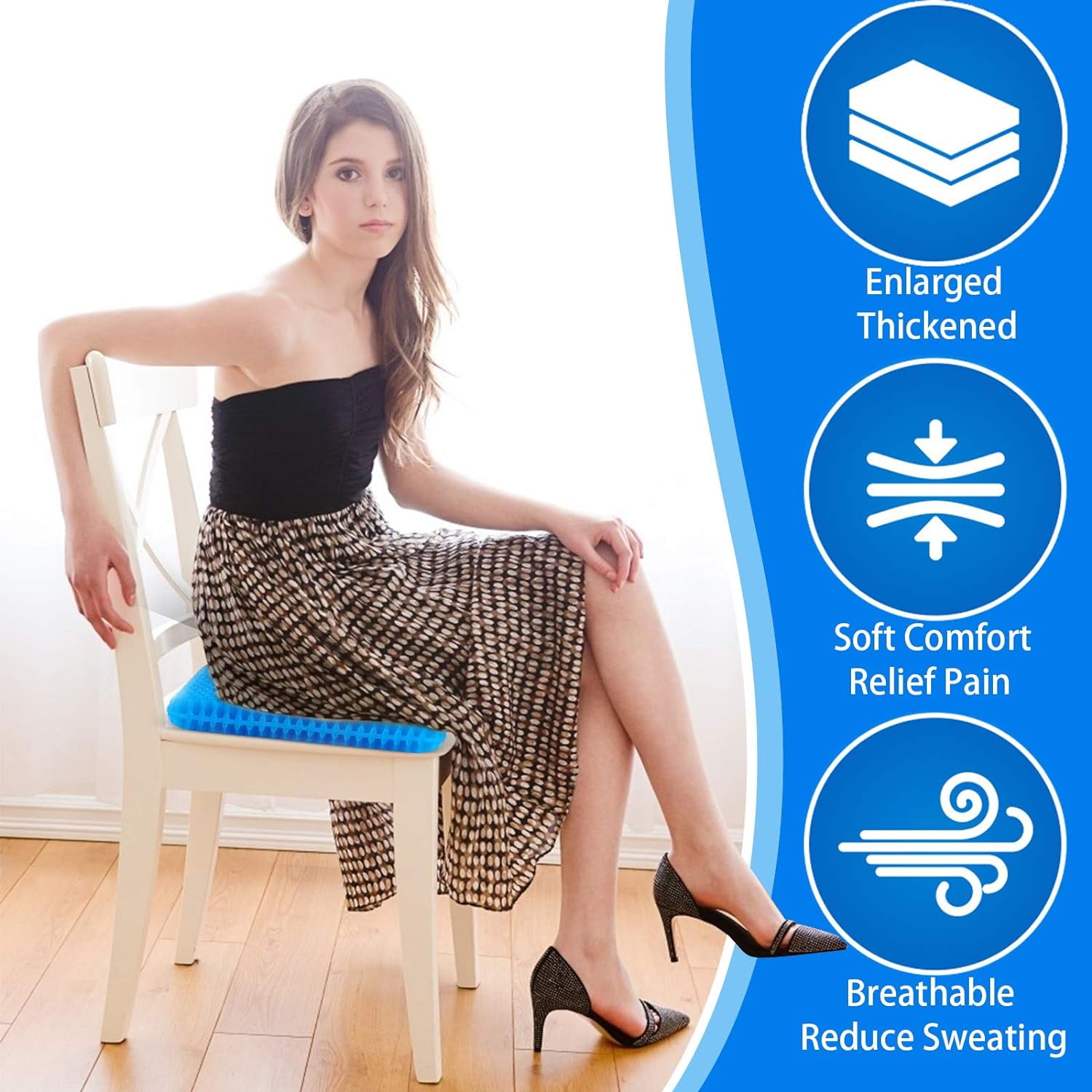 Large Gel Seat Cushion for Long Sitting , Soft & Breathable, Gel Cushion for Wheelchair Reduce Sweat, Gel Chair Cushion for Hip Pain, Gel Seat Cushion for Office Chair（Blue)