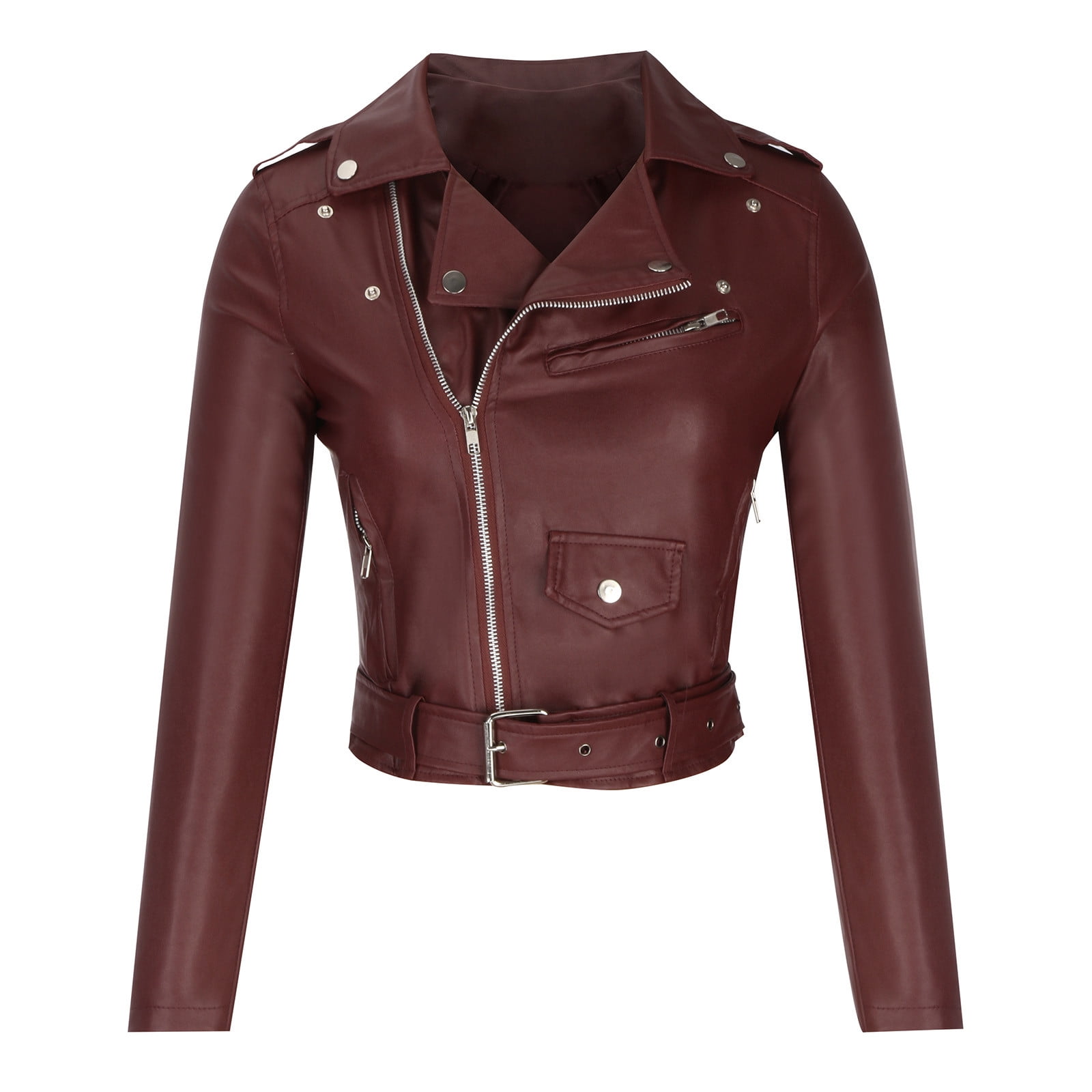QATAINLAV Mothers Day Gifts! Womens Cropped Faux Leather Moto Jacket Casual Short Zip-up Slim Biker Coat with Belt Fall Winter Long Sleeve Outwear Red M