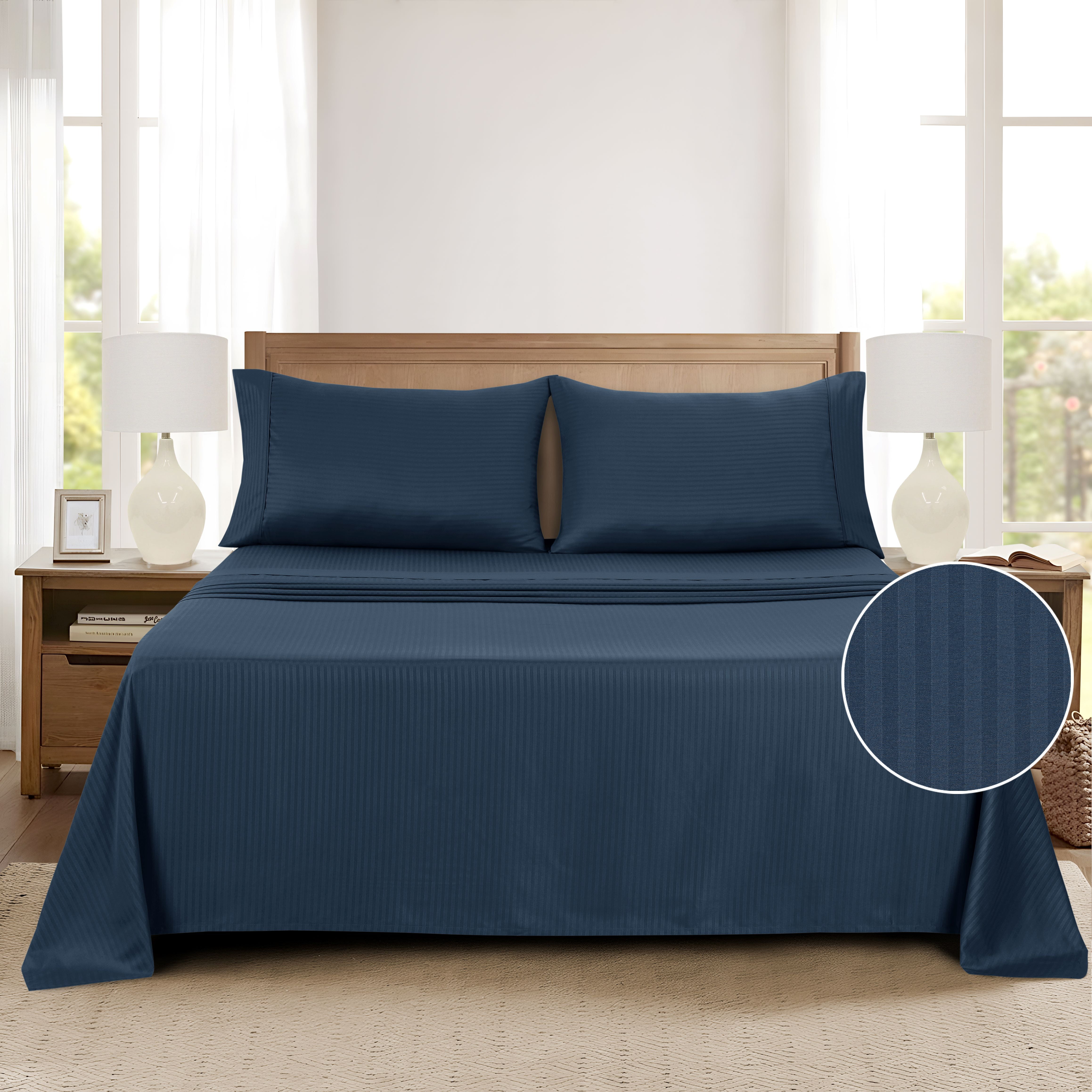 Mainstays Super Soft Brushed Microfiber Bed Sheet Set, Navy Blue Embossed Stripe, King, 4 Piece