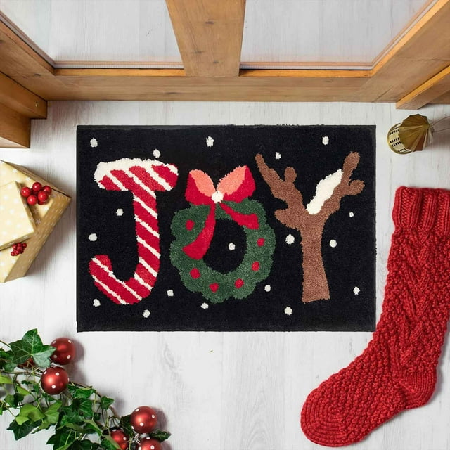 Festive Holiday Doormat Featuring Christmas Tree Santa Snowflake Design Seasonal Welcome Mat Decorative