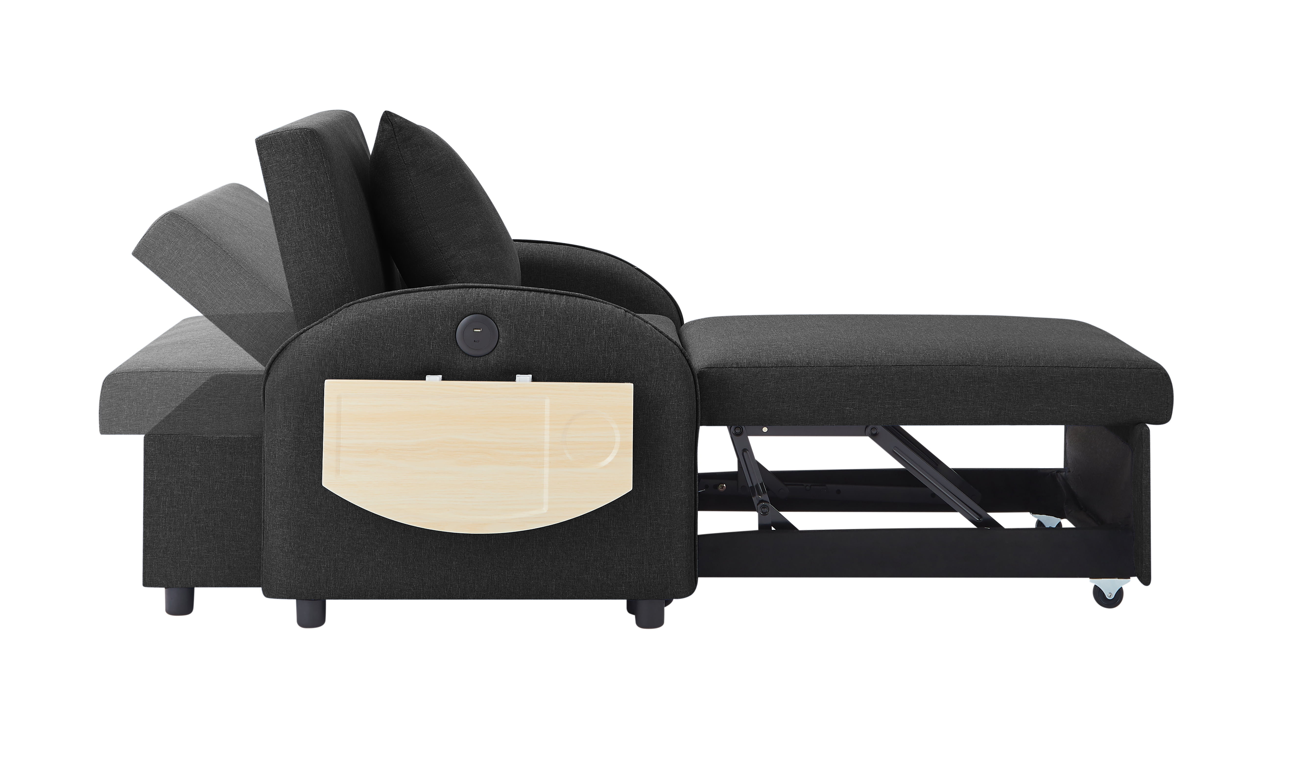 Leumius Convertible Sofa Chair Bed,3-in-1 Sleeper Sofa with Pull-Out Bed and USB Port,Foldable Table,Modern Linen Single Sofa Chair with Reclining Backrest for Living Room Small Space,Black