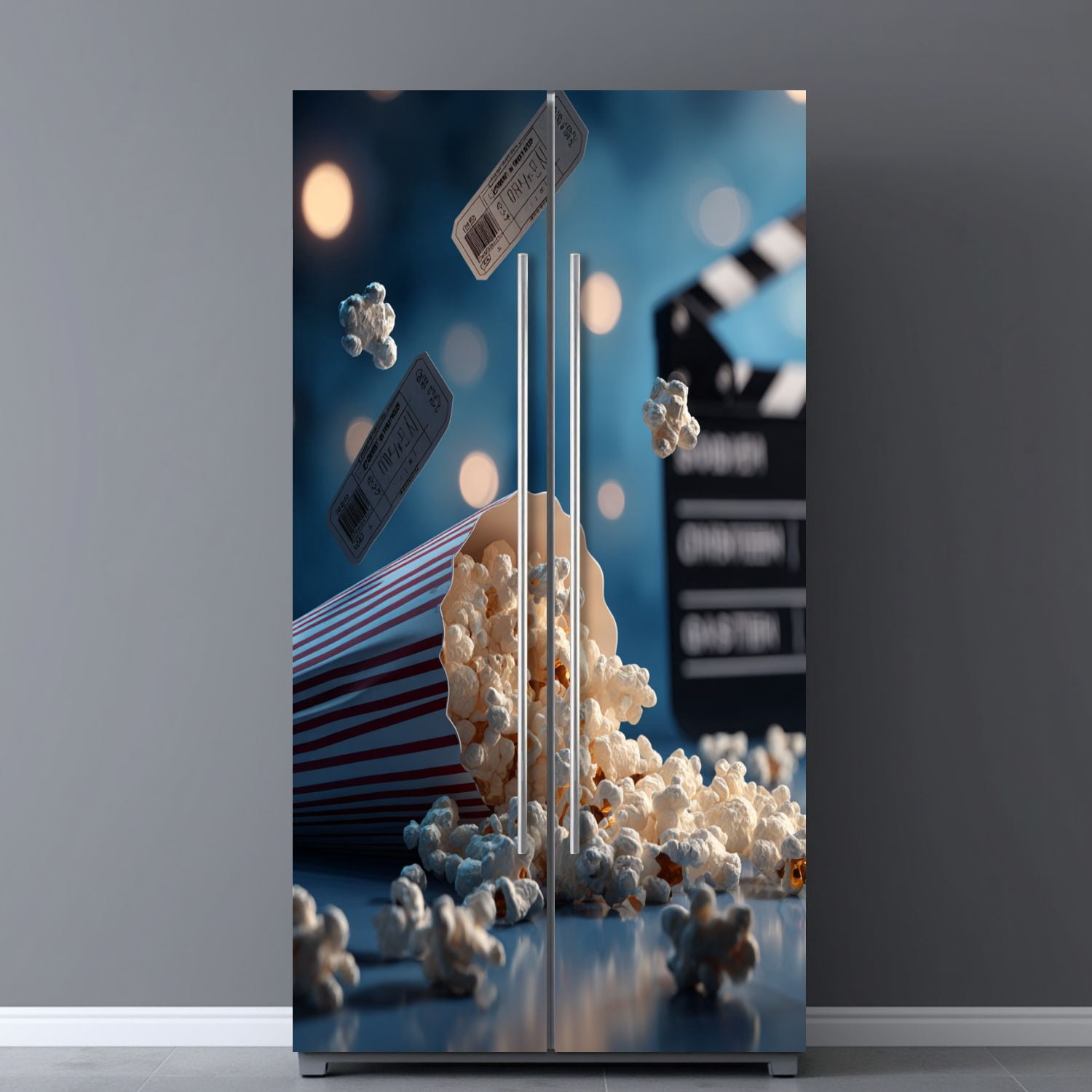 Self Adhesive Vinyl Refrigerator Wrap Set Cinema blue 3d popcorn tape Door Mural Removable Fridge Sticker Peel and Stick&nbsp;Full Door Cover Decal Kitchen Bar Decor