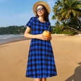 thumbnail image 4 of Gukieu Buffalo Plaid Blue Black Print Women's Short Sleeve Dress, Elastic Waistband A-line with Pockets Summer Dress, Suitable for Daily Leisure, Work, Vacation, 4 of 6