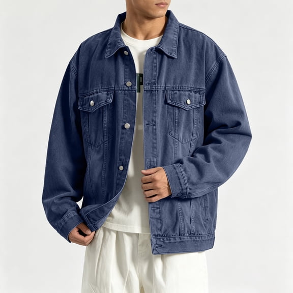 TKKCS Mens Vintage Washed Denim Jacket Long Sleeve Loose Fit Casual Workwear Trucker Coat with Multi Pockets Dark Blue XL