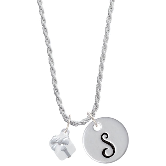 Delight Jewelry Silvertone Small 3-D White Present Box with Bow Silvertone Script Initial Disc - S - Charm Necklace, 20"+3"