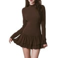 thumbnail image 3 of Women'S Fall Long Sleeve Dresses Mock Neck Ruched Y2K Clothes Ruffle Layered Bodycon Mini Party Dress Brown XL, 3 of 9