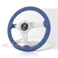 thumbnail image 4 of AJP Distributors Universal 14" 350mm 6 Bolts Holes Heavy Duty Steel Steering Wheel Metallic Blue Wood Chrome Deep Dish 3 Spokes Light Weight + Horn Button Replacement JDM VIP Sport, 4 of 5