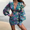 thumbnail image 2 of CEHVOM Robe Décontractée Sexy pour Femmes Imprimée Col en V Manches Longues Mini Robe, 2 of 5