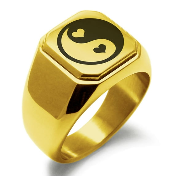Stainless Steel Love Heart Yin Yang Engraved Square Flat Top Biker Style Polished Signet Ring