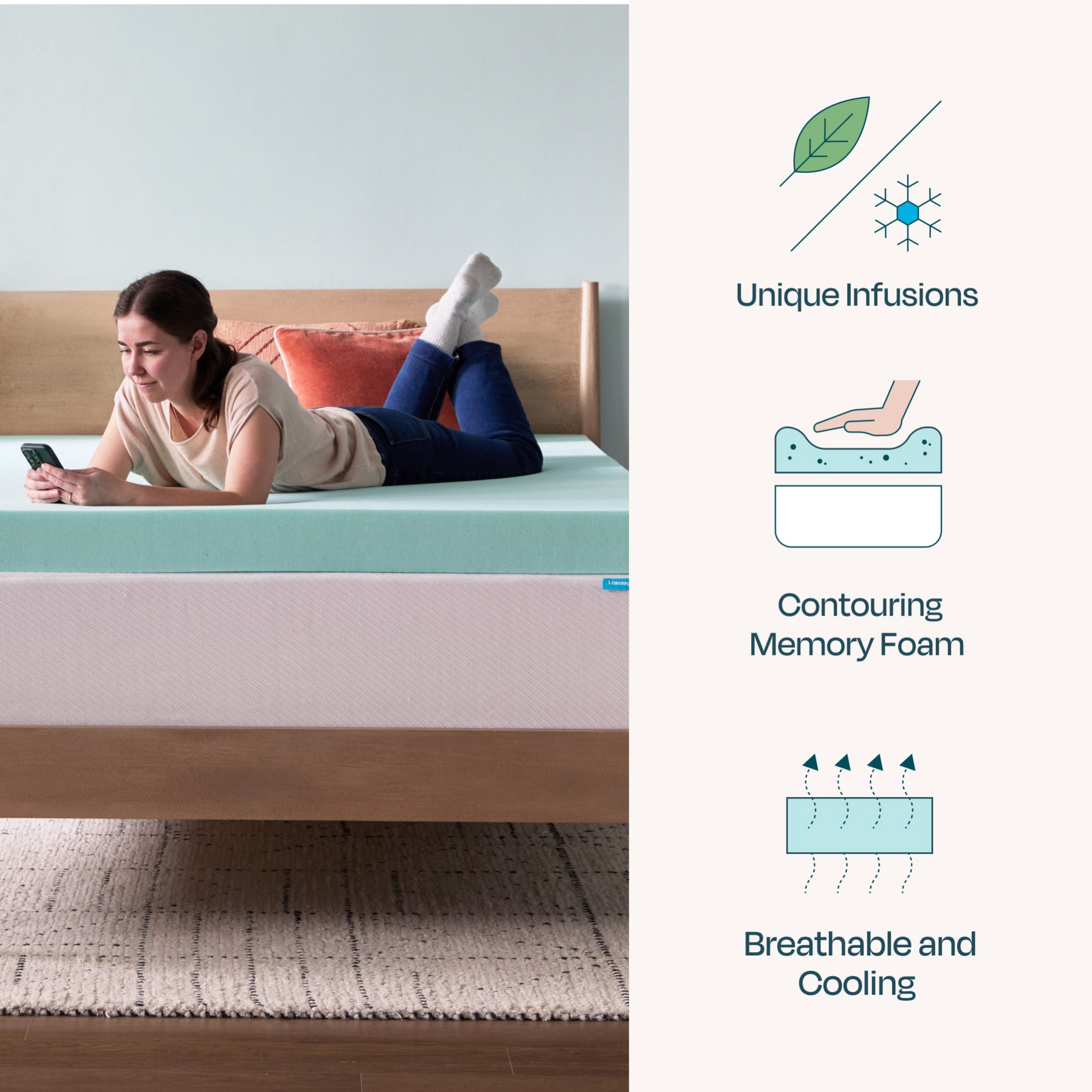 Linenspa 4" Cooling Gel and Green Tea Infused Memory Foam Mattress Topper, Twin