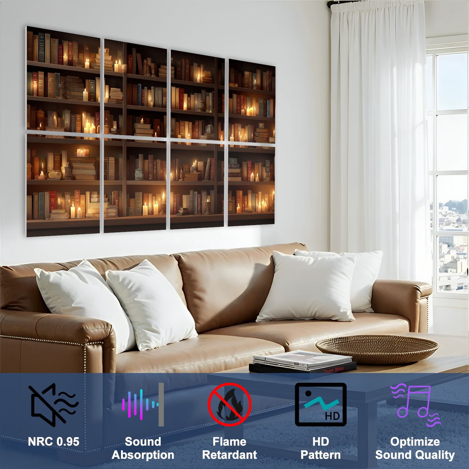 8 Pack Art Acoustic Panels Sound Absorbing Rustic Library Soft Lighting Warm Tones Polished Wood Decorative Soundproof Wall Panels Self Adhesive for Nursery Game Room Bedroom 48"x32"