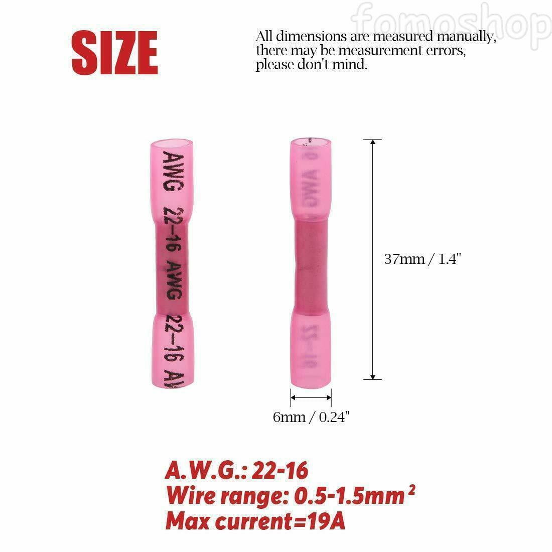 300Pcs Red Heat Shrink Butt Wire Connectors Crimp Terminals AWG 16-22 Gauge US