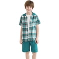 thumbnail image 2 of Jolyshlid Boys 2 Piece Summer Outfit Set Plaid Shirt and Shorts Casual Clothing Set for Kids 4-5Years,Green, 2 of 7
