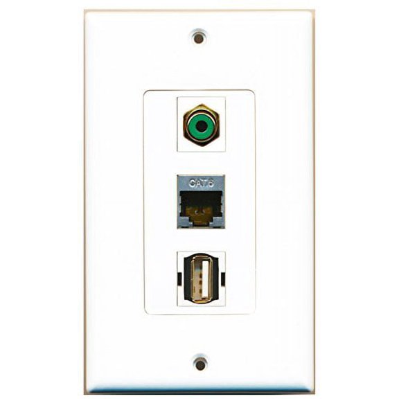 RiteAV - 1 Port RCA Green and 1 Port USB A-A and 1 Port Shielded Cat6 Ethernet Decorative Wall Plate Decorative