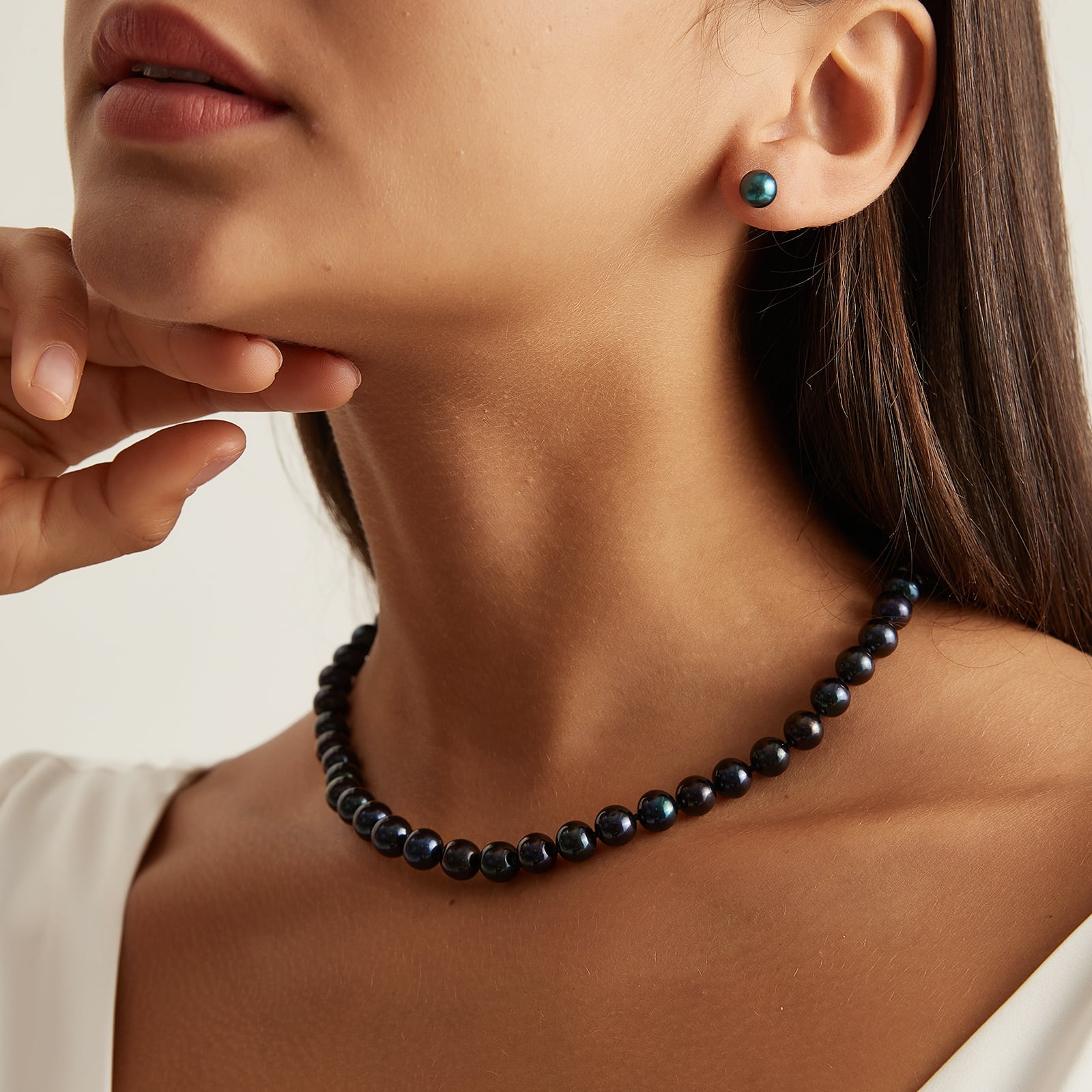 Yami Cultured Tahitian Black Pearl Nacklace and Earrings Set - 8.5-8.9mm Necklace and 7.5-7.9mm Earrings in 925 Sterling Silver Valentine's Day Jewerly Gifts for women