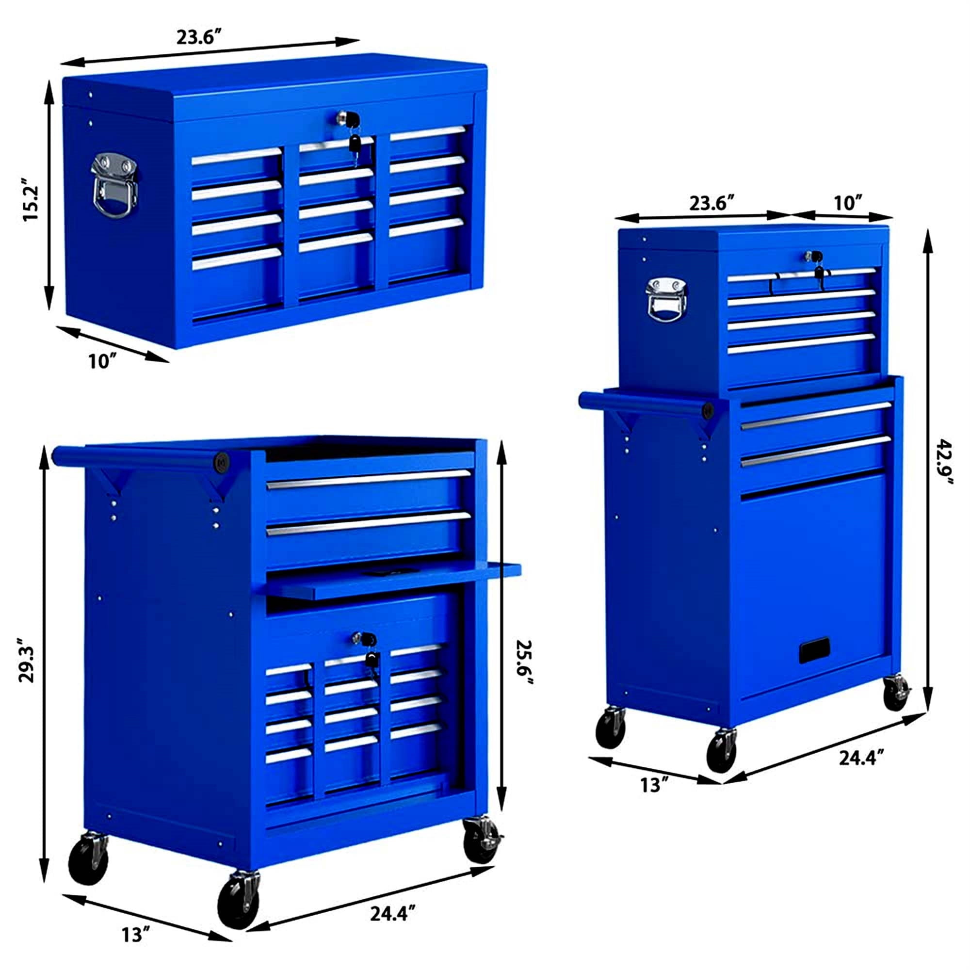 Aukfa Tool Box, 2 in 1 Steel Rolling Tool Chest & Cabinet on Wheels for Garage, 8-Drawers, Blue