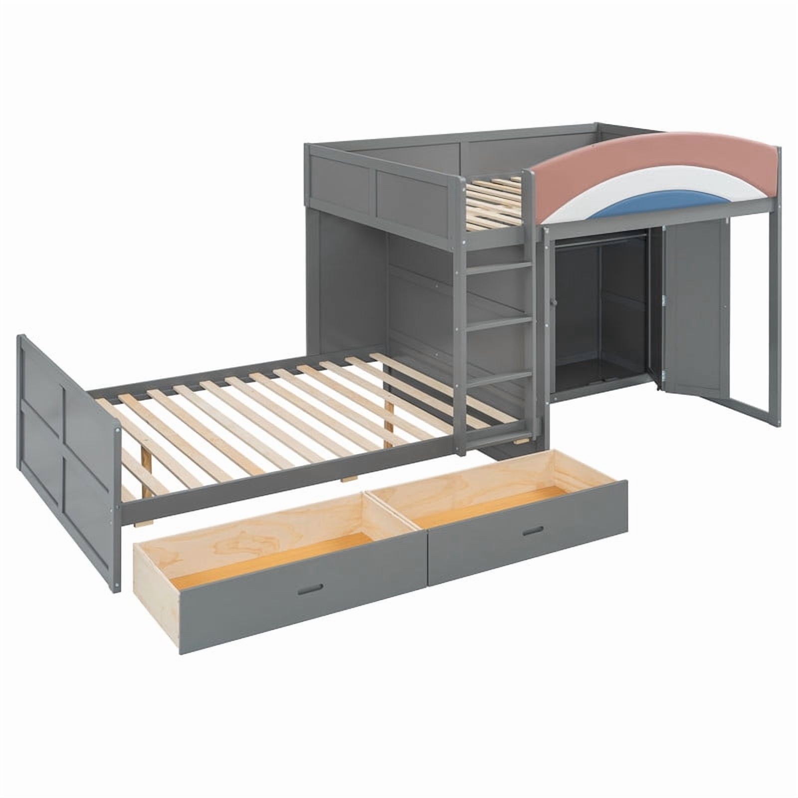 Full-Over-Full Size Offset Bunk Bed with Wardrobe & Built-in Hanging Rod, Storage Kids Bed Frame with 2 Drawers & Guardrail