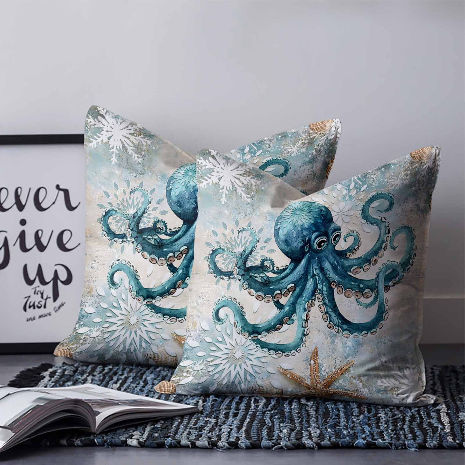 Teal Octopus Coastal 24x24 Pillow Covers Set of 2, Summer Beach Vintage Nautical Throw Pillow Covers Decorative Couch Cushion Case, Microfiber Square Pillowcases for Bedroom Car Living Room