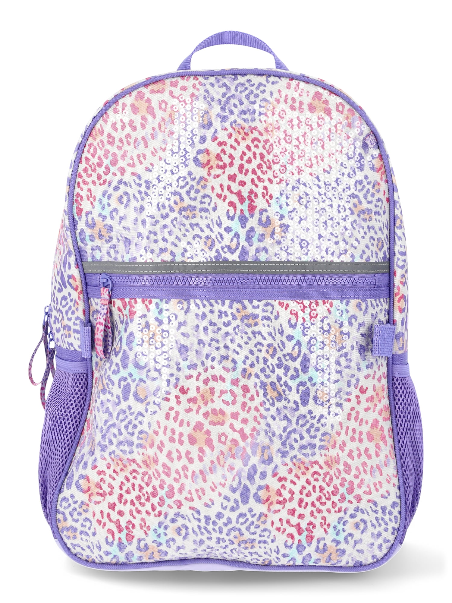 Wonder Nation Girls Sequin Hyper Leopard 17" Laptop Backpack and Lunch Bag Set, 4-Piece, Purple/Multi
