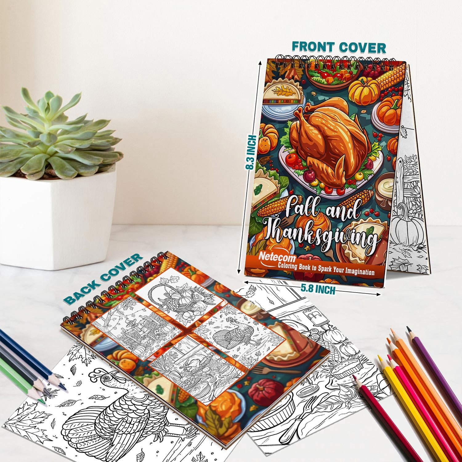 Netecom Fall and Thanksgiving Coloring Book Spiral Bound for Adults, A5 Wooden Cover, 30 Autumn Coloring Pages of Thanksgiving Holiday for Stress Relief and Relaxation