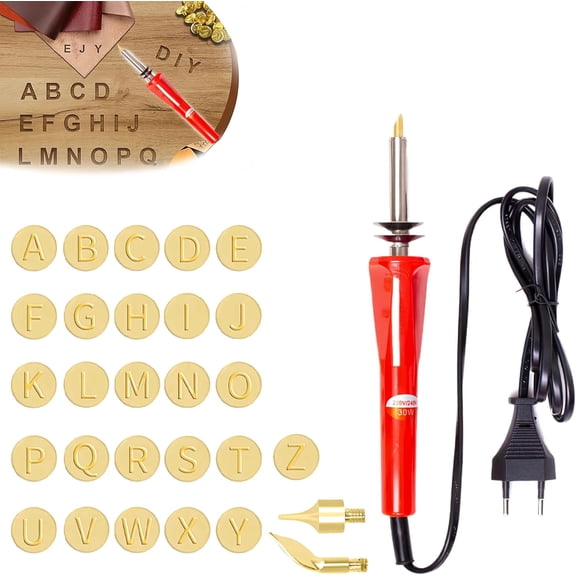 Wood Burning Kit: DIY Wood/Leather Burning Set,26 Letters Brass Mold,Rapid Warming,Red,Electric Powered,Practical Style,Wood Burning Tool