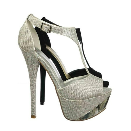 Group by Delicious, Super Tall High Heel, Metal Plate T-Strap Platform Dress Sandal Party