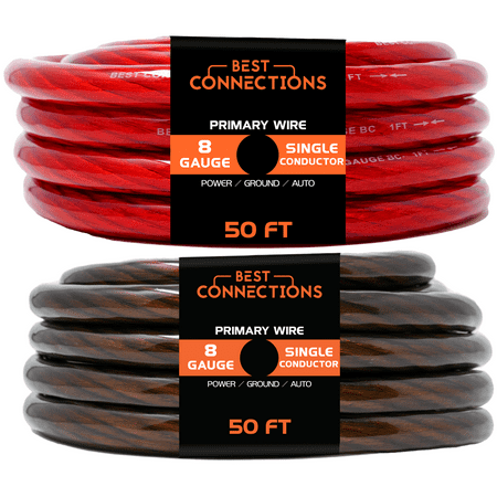 BEST CONNECTIONS 8Ga 50ft each Black/Red Translucent Car Power/Ground Wire 100ft