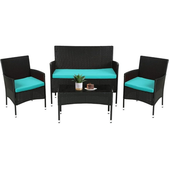 Rattan Furniture Wicker Chair Patio Conversation Set for Outdoor Indoor Use with Loveseats Coffee Table,Blue Cushion, 4-Piece