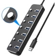 thumbnail image 2 of Concentrador divisor USB, concentrador de datos USB 3.0 de aluminio con interruptores de encendido y apagado individuales y luces LED para computadora portátil, PC (4 pies/120 cm) (7 puertos), 2 of 5