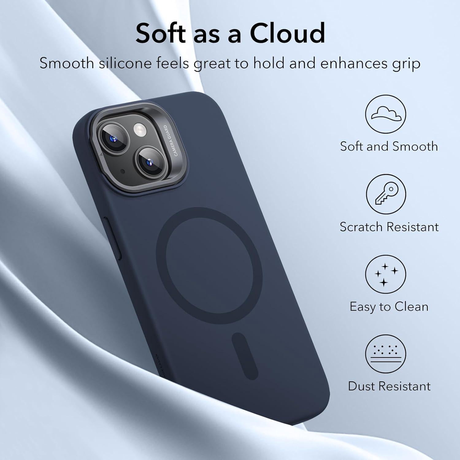 ESR iPhone 15 Plus Built-in Grip Ring Silicone Cell Phone Case, Blue