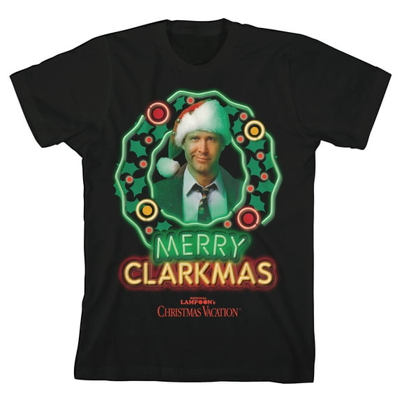 National Lampoon's Christmas Vacation Merry Clarkmas Neon Wreath Youth Black Graphic Tee-Medium