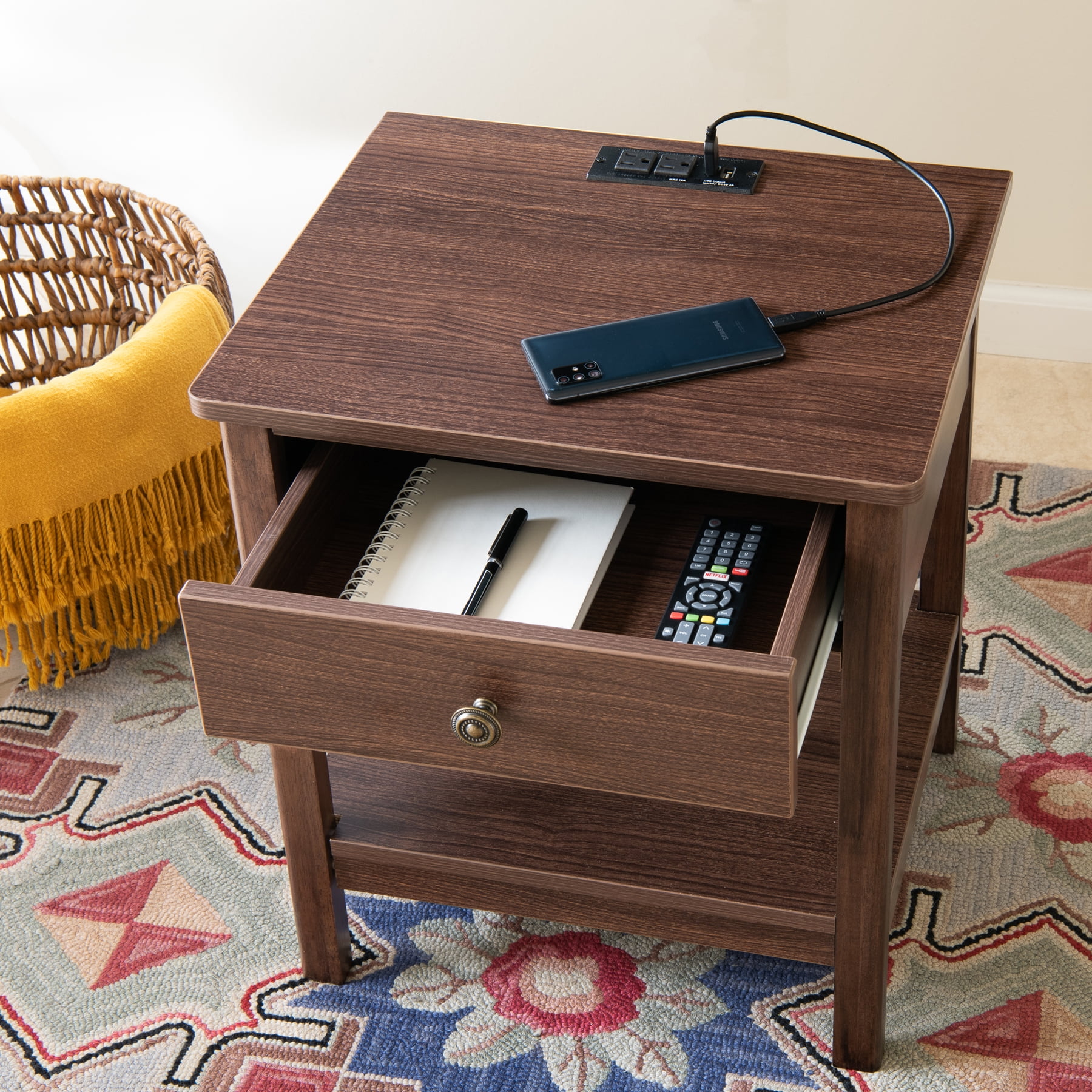 DecorTech Traditional Rectangular End Table with AC Power and USB Charging Ports, Walnut