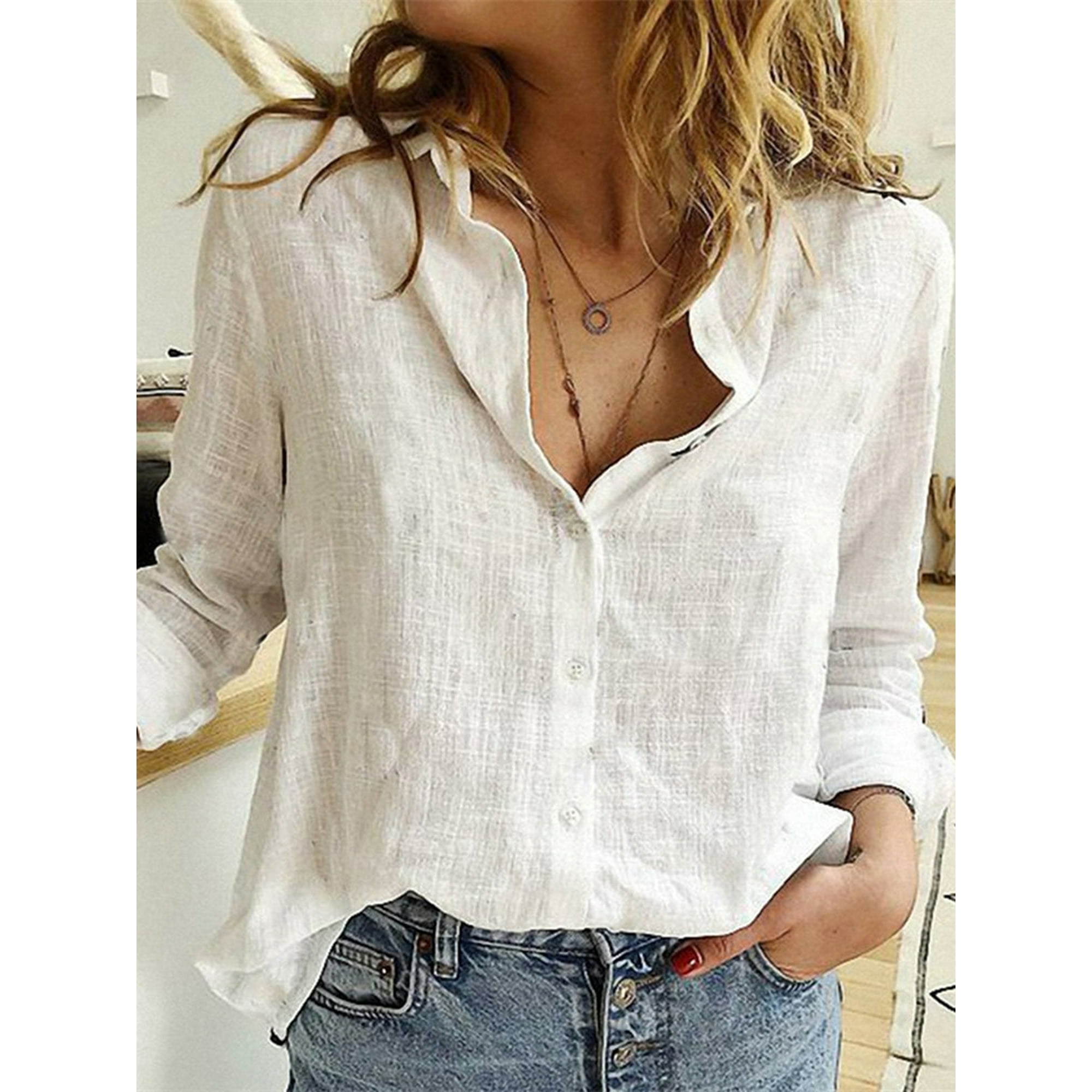 Elegant Cotton Linen Shirts Women Casual Solid Button Lapel