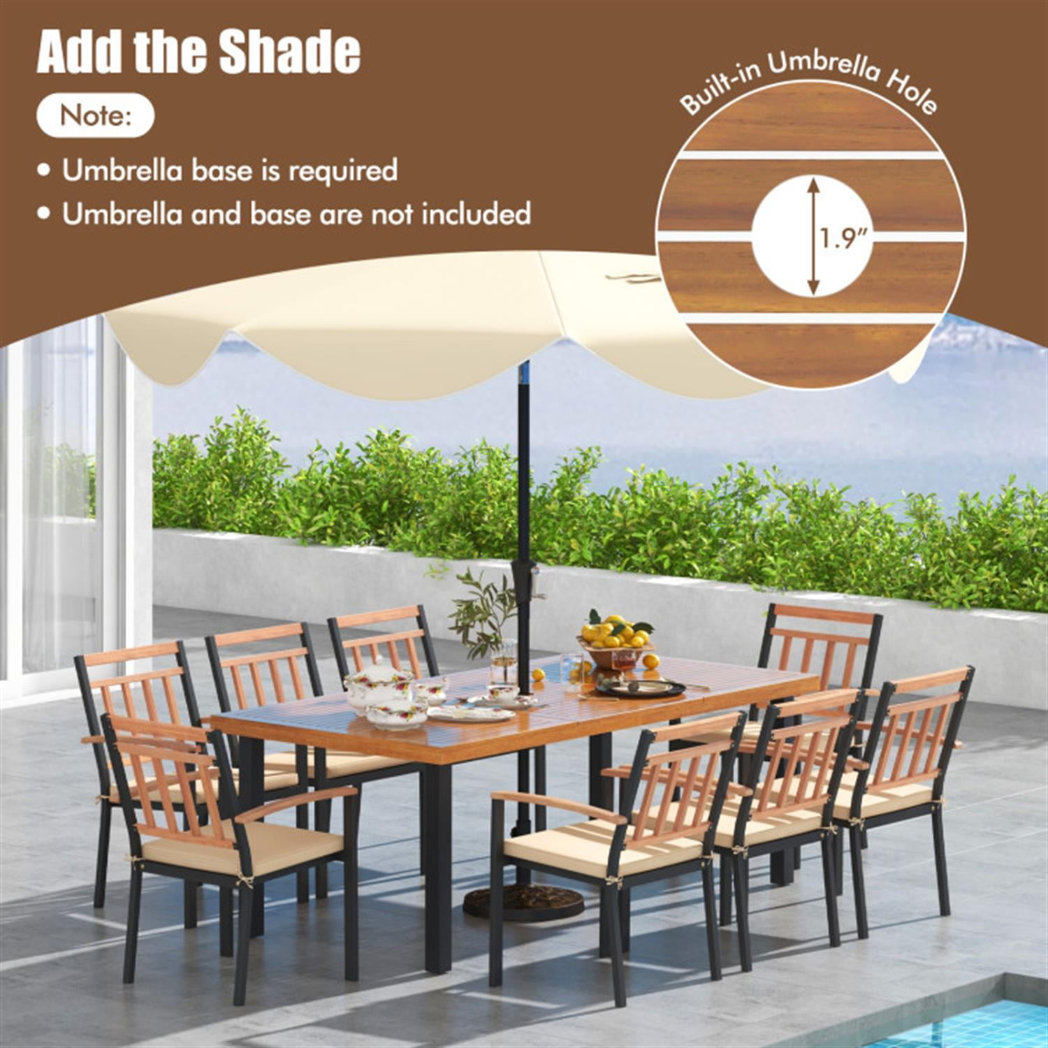Demi Bonn 9 Pieces Patio Dining Furniture Set, 39.5" Acacia Wood Table with Umbrella Hole and 24, Wide Chairs, Beige-A