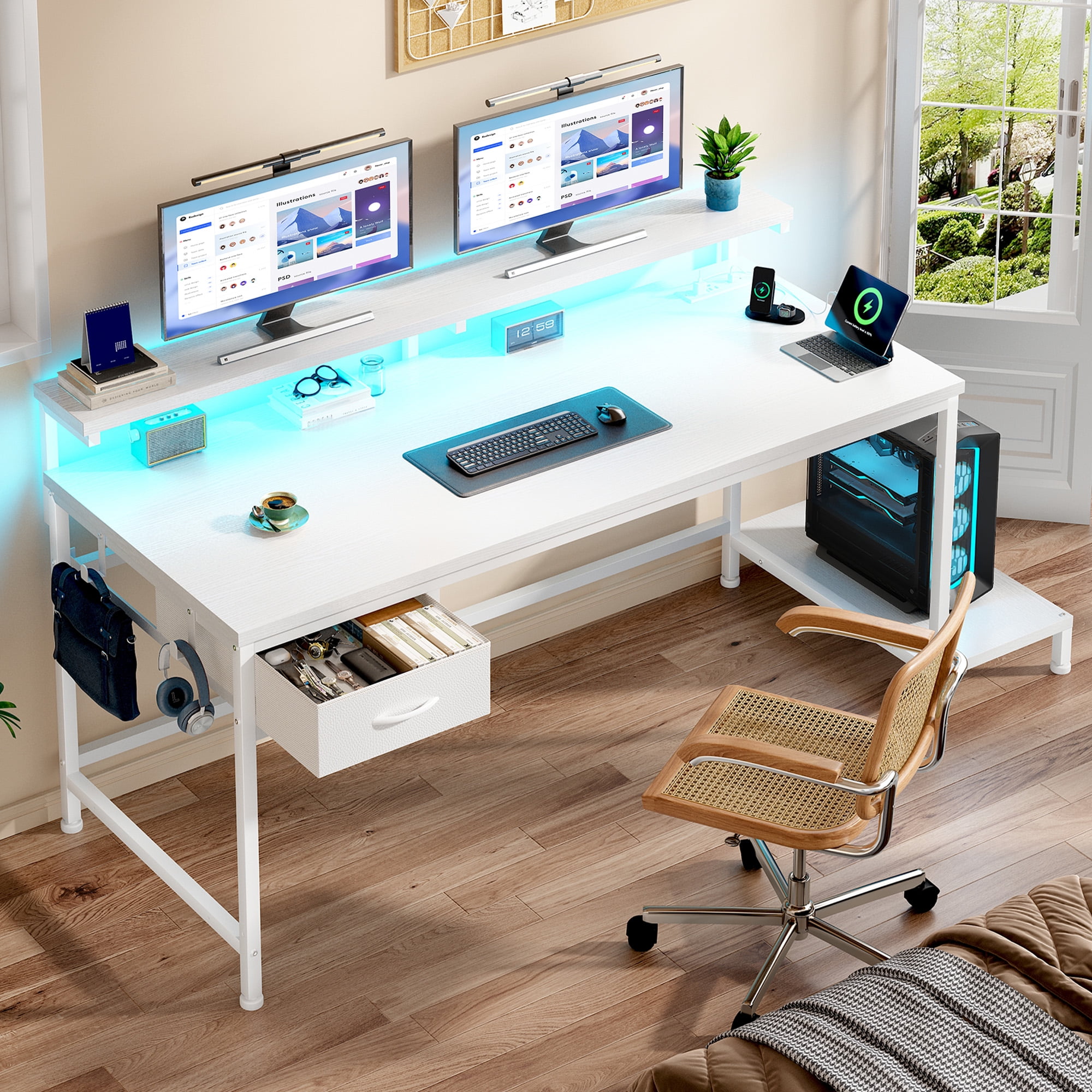 Romorgniz White Computer Desk with Power Outlet & Fabric Drawer, Home Office Desk with LED Lights, Adjustable Monitor Stand & CPU Holder for Small Spaces