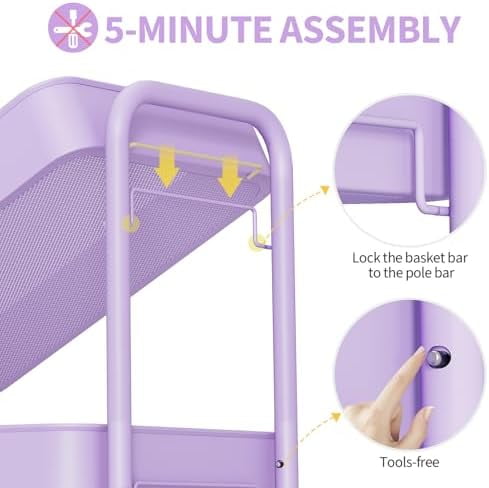 4-Tier Metal Rolling Cart with Wheels, Storage Utility Organizer Cart for Kitchen, Bathroom, Office, Baby Essentials & Makeup - Lockable Casters, Easy Assembly, Large Capacity, Purple