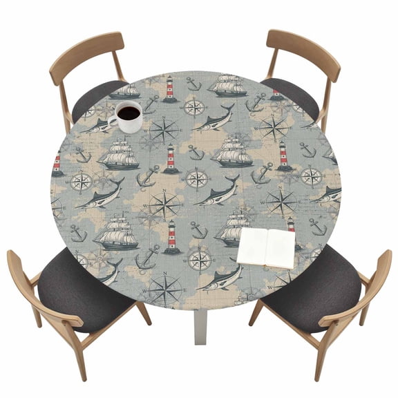 Blue Grey Seaports Fitted Tablecloth with Elastic Edged, Round Table Cloth for Dining Table, Vintage Ocean Anchor Shark Lighthouse Waterproof Oil Proof Table Cover for Indoor Outdoor 45"-54"