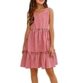 thumbnail image 2 of Ashirexll Robe Décontractée Sans Manches pour Filles, Couleur Unie, Col Rond, Haut à Fines Bretelles avec Imprimé à Carreaux pour Usage Quotidien, Âge 3-13 Ans, Rouge, 12-13 Ans, 2 of 7