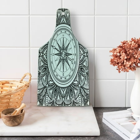 

Nautical Cutting Board Wind Rose Surrounded by Ornate Floral Arrangement Pattern Destination Graphic Tempered Glass Cutting and Serving Board Wine Bottle Shape Black White by Ambesonne