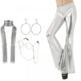 thumbnail image 5 of Pantalones anchos estilo discoteca de los años 70, 4 piezas, metalizados, dorados, con joyas estilo discoteca, para mujer, estilo hippie, discoteca de los años 70, pantalones acampanados para fiesta d, 5 of 5