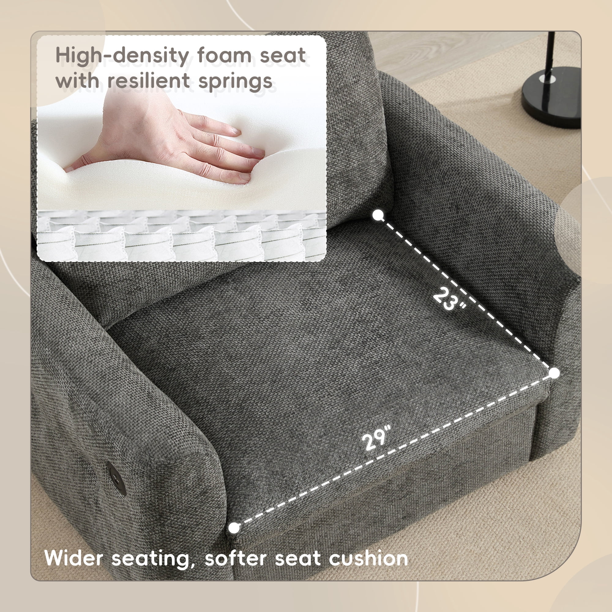 Oversized Single Sofa, Upholstered Accent Chair with Dual-port Charger, Modern Armchair with Wide Seat for Living Room & Apartment, Gray