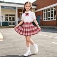 thumbnail image 5 of Girls Uniform Outfit Short Sleeve Puff Sleeve Collared Shirt Plaid Pleated Skirt Set 2 Piece Red 11-12 Years, 5 of 6