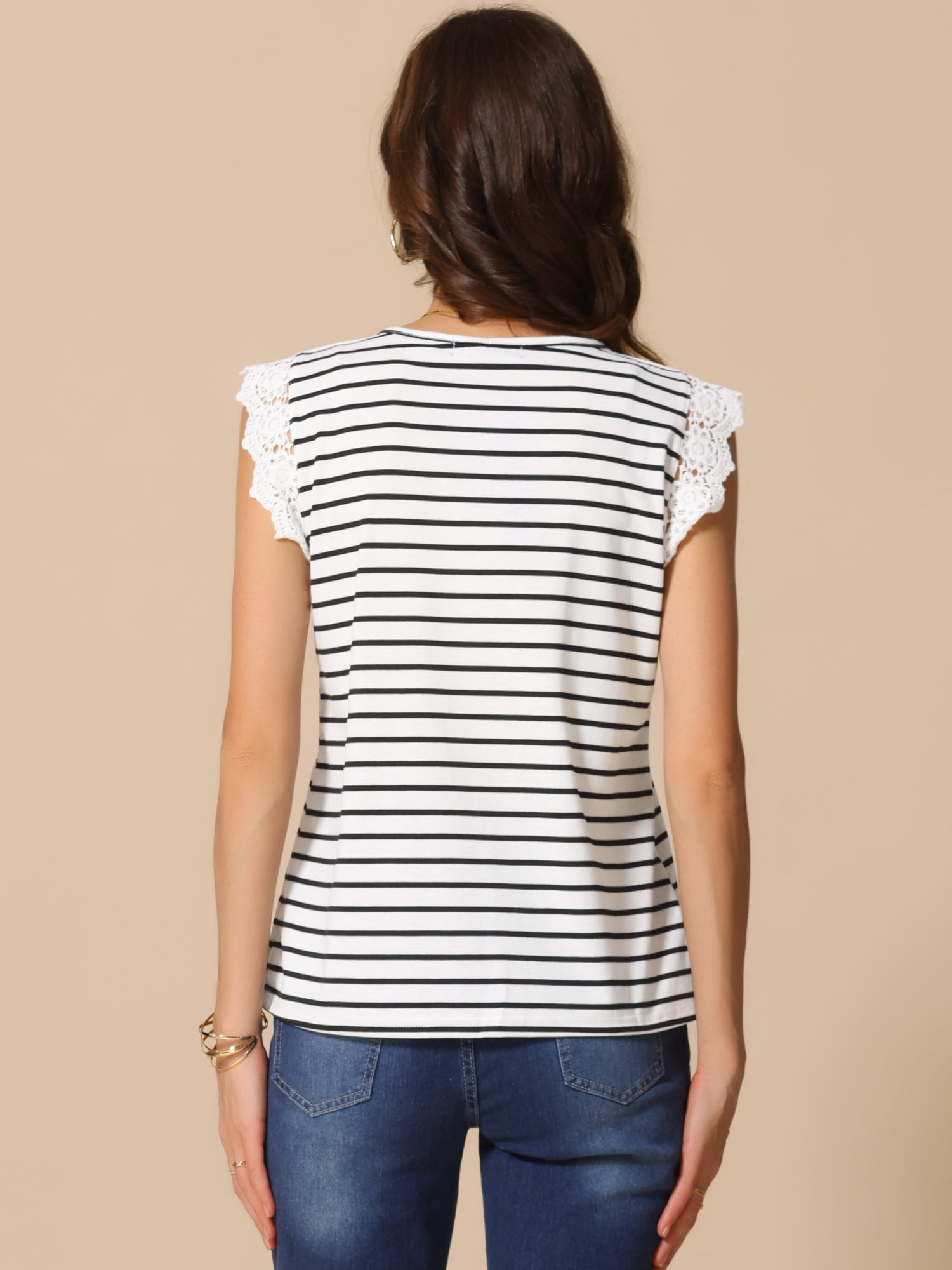 DARING DIVA Women's Striped Shirt Blouses Lace Patchwork Tank Tops S White