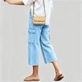 thumbnail image 5 of Usloyux Women's Wide Leg Capri Pants High Waisted with Pockets Casual Solid Streetwear Cargo Trousers for Summer Vacation Beach, Light Blue M, 5 of 6