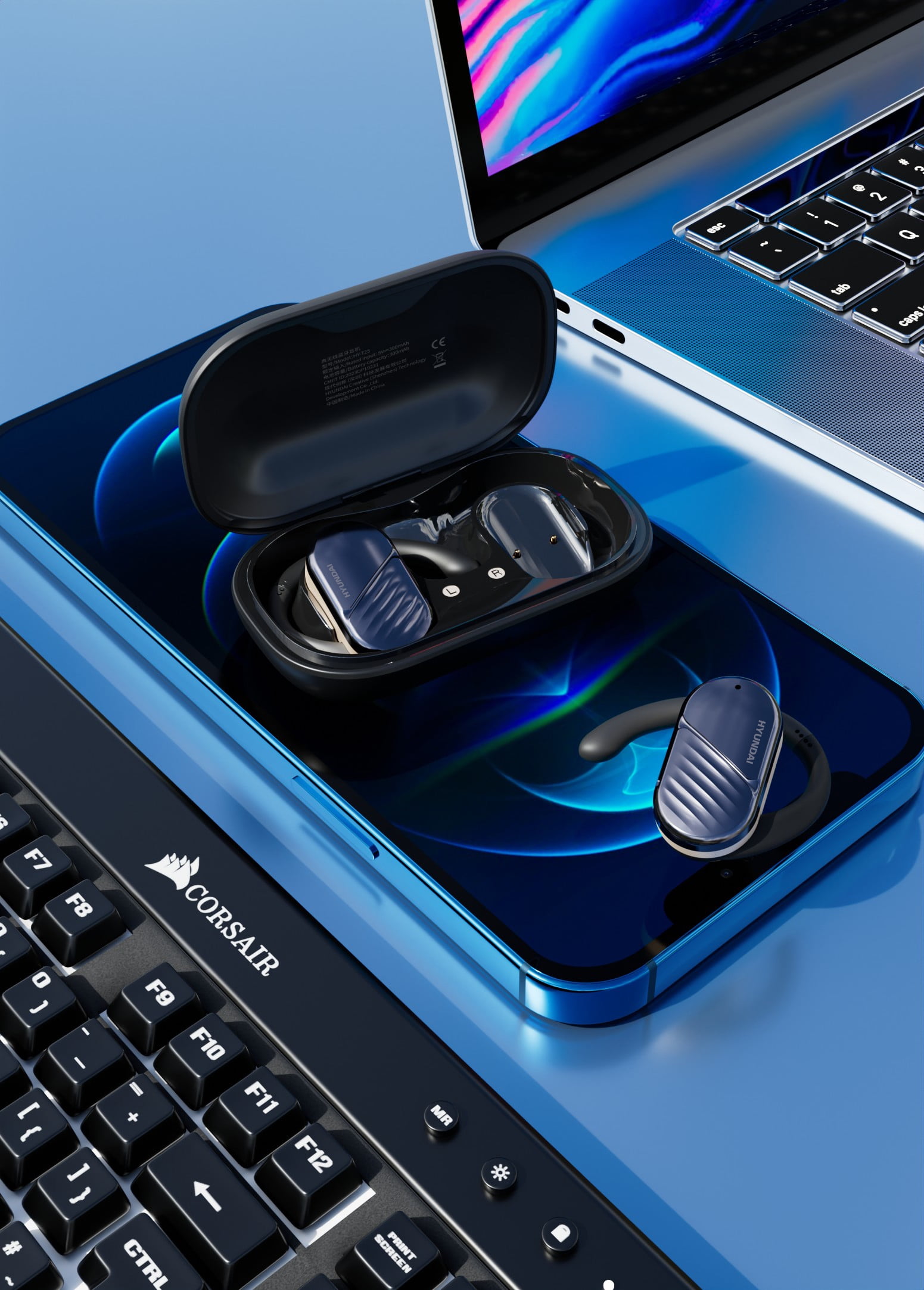 HYUNDAI Korea Original Bluetooth Headphones Wireless Earbuds 80hrs Playtime Wireless Charging Case Sports Ear Buds with Earhook Deep Bass IPX7 Waterproof Over-Ear Earphones for TV Phone Laptop Black