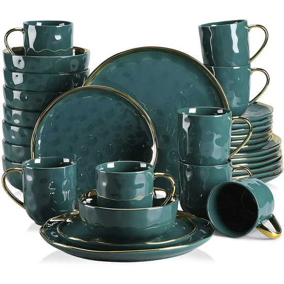 LOVECASA Dinnerware Sets, Stoneware Dinner Set for 8, 32-Piece Round Dark Green and Gold, Series Sweet